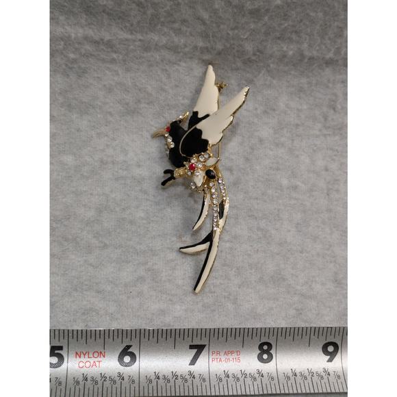 Vintage Bird Brooch Goldtone Enamel and Rhinestone Pin Red Stone Eyes Jewelry - Picture 2 of 5